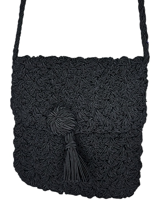 Vintage Handbags - Vintage Black Handwoven Macramé Crossbody Bag Boho Tassel Purse